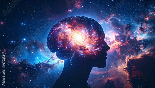 Silhouette of a human brain filled with rotating galactic nebulae, stars forming neural pathways