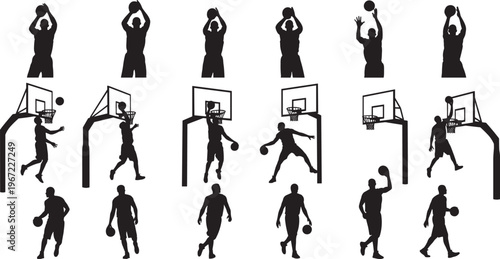 Basketball player silhouettes, sports action illustration, dunk vector design, shooting hoop graphic, athletic movement art, flat vector illustration, training concept