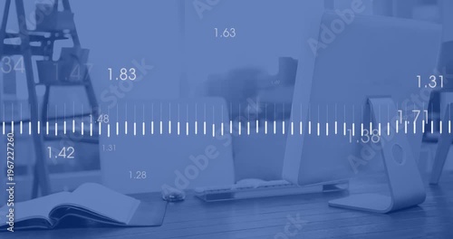Animation of heart rhythm, lines and increasing numbers over empty chair and desktop on desk