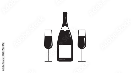 Bottle of champagne and two glasses, simple black and white icon, minimalist style, celebration and beverage theme