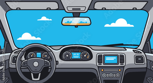 Car Interior Dashboard View with Clouds.