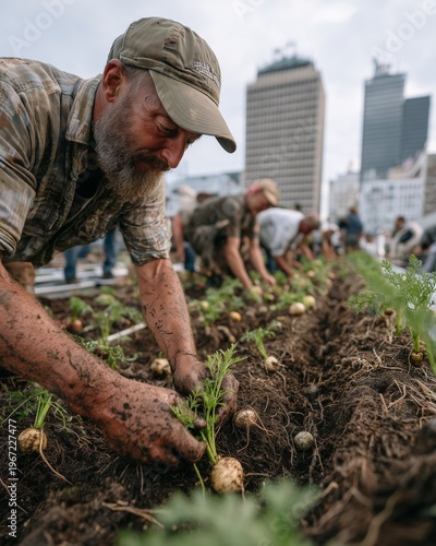 Community Members Harvesting Vegetables on Urban Rooftop Garden