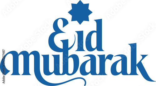 Eid Mubarak celebration display with blue Arabic calligraphy on white