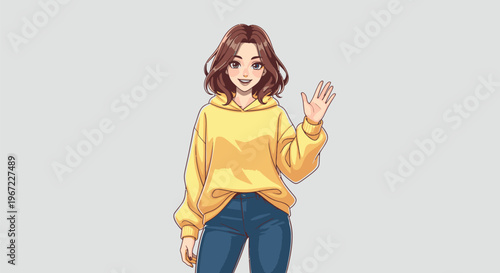 Young Woman Waving with Friendly Gesture.