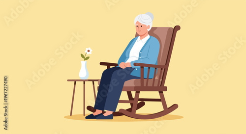 An elderly woman with white hair sitting in a wooden rocking chair by a table