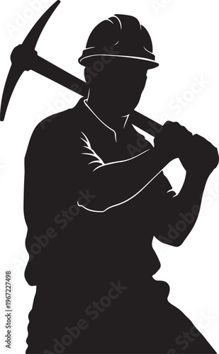Black silhouette of a miner with a pickaxe hard hat