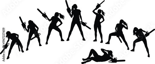 Eight black silhouettes of women holding guns