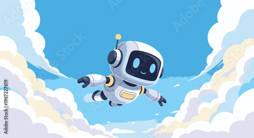 Cartoon Robot Flying Through Cloudy Sky 5.