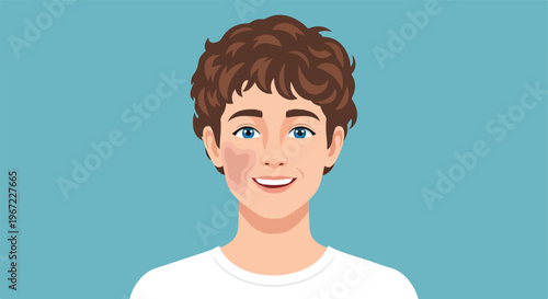 Portrait illustration of a smiling young boy with curly hair and a birthmark