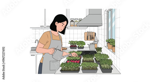 A woman in an apron waters various small plants in pots on her kitchen counter