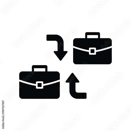 Professional business exchange icon featuring two briefcases and directional arrows symbolizing job rotation, career transition, and corporate handover processes