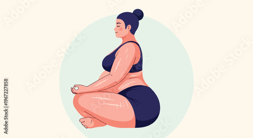 A plus-size woman with stretch marks sits in a meditative yoga lotus position