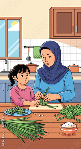 A mother and daughter prepare traditional rice dumplings together in the kitchen