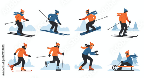 Skiers in Various Poses and Actions.