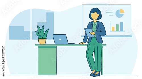 Professional woman analyzing data in modern office with tablet and laptop