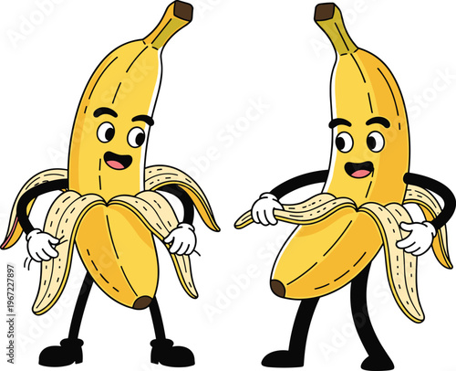 Cartoon vector illustration of two anthropomorphic bananas with expressive faces, gloves, and shoes, playful fruit character artwork for fun design collection