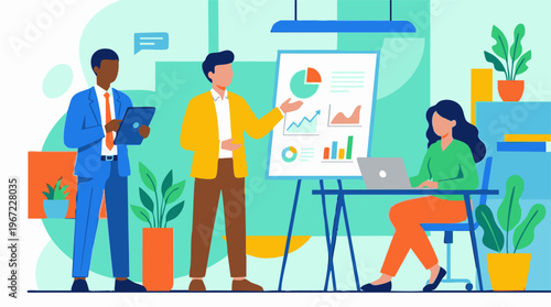 Business team presenting data and working in a modern office environment