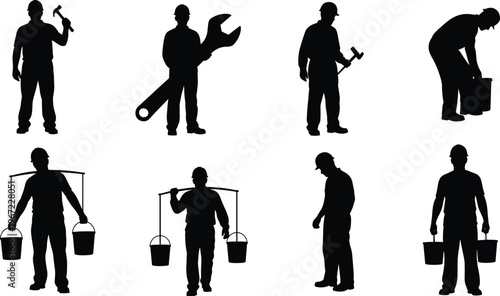 Silhouette of various construction workers with tools