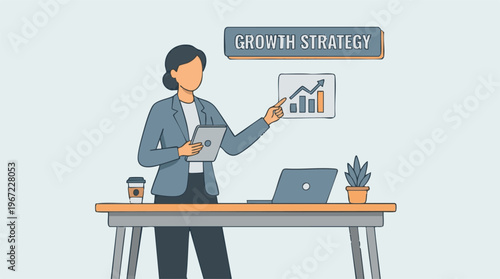 Businesswoman presenting growth strategy with chart and tablet illustration