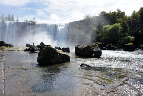 View from below at the waterfalls near the city Los Angeles called Saltos del Laja, Bio-Bio region, Chile