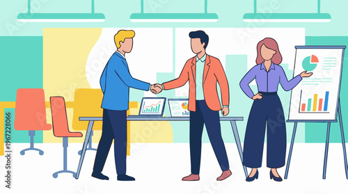 Business professionals shaking hands and presenting financial data in office