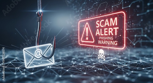 phishing scam alert cybersecurity email fraud warning concept illustration.