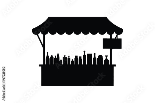 A simple black silhouette depicting an outdoor market stall with bottles