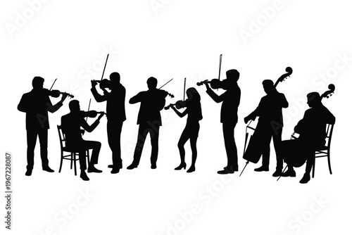 Silhouetted orchestra performing with violins cello and seated musicians