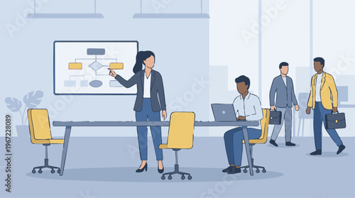 Business presentation and meeting with diverse professionals in a modern office