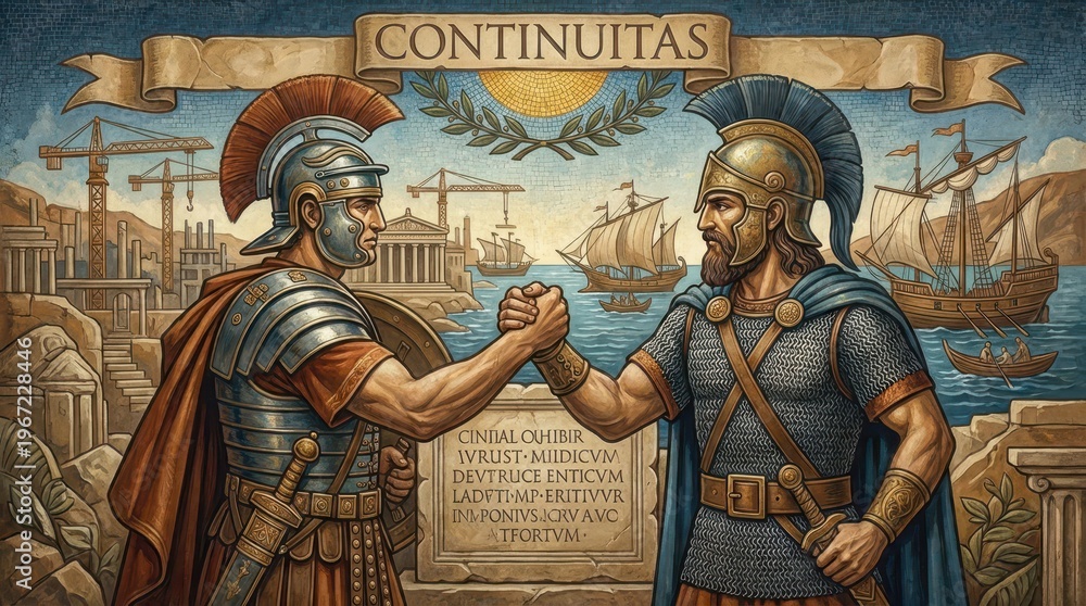 Fototapeta premium Historic Brotherhood Between Warriors in Ancient Maritime Cityscape