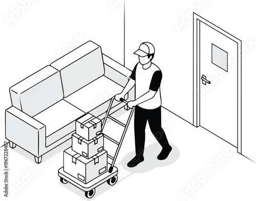 Isometric Delivery Man with Hand Truck and Boxes in Living Room, Line Art Vector Illustration