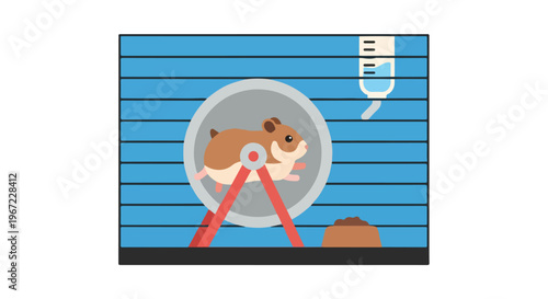 A small brown hamster running inside a wheel within a blue barred cage enclosure