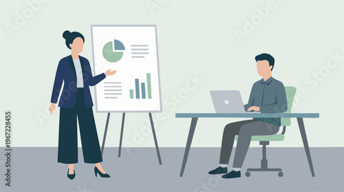 Business colleagues in a meeting, presentation with charts and laptop work