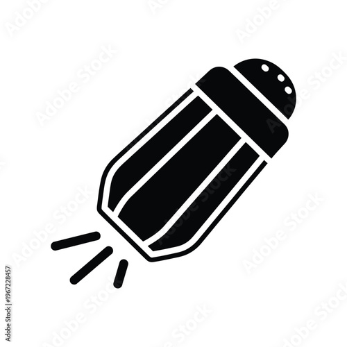Minimalist black salt shaker icon tilted and pouring seasoning, ideal for culinary branding, restaurant menus, and food preparation concepts.