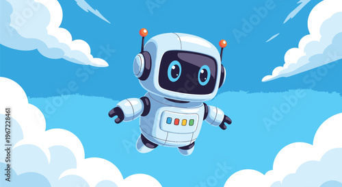Cartoon Robot Flying in Blue Sky.