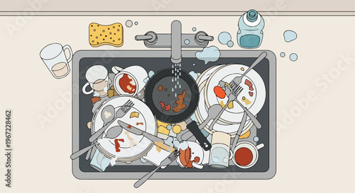 An overhead view of a kitchen sink filled with a pile of dirty plates and cups