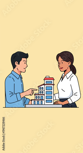 A man and a woman looking at a miniature model of a modern building structure