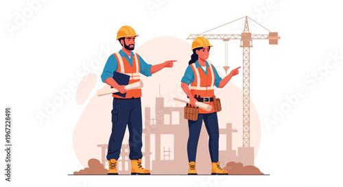 Two construction workers in safety gear pointing at a building site with a crane