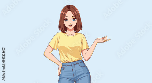 Young Woman Gesturing with Confidence and Smile.