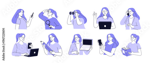 Woman in various poses use smartphone, laptop and other objects. Female character at work set. Business activities doodle vector illustration.
