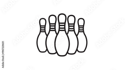 Bowling pins set with thick black outline and white fill, isolated on a white background for sporting events.