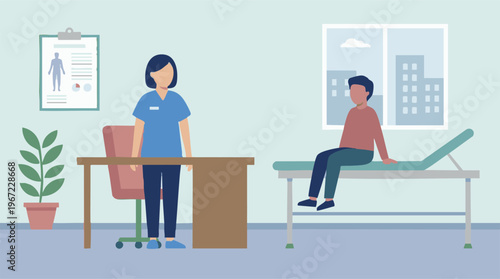 Medical professional consulting with male patient in clinic room