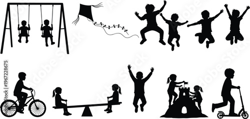Silhouettes of children playing on various playground equipment