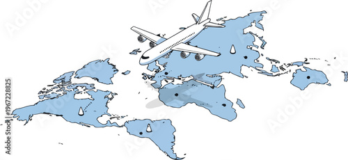 Global Travel and Logistics Illustration Featuring Airplane Flying Over World Map with Flight Paths