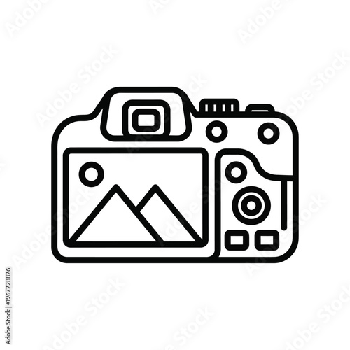 Minimalist digital camera line icon featuring a landscape preview on the LCD screen for photography tutorials, travel blogging, and creative media production
