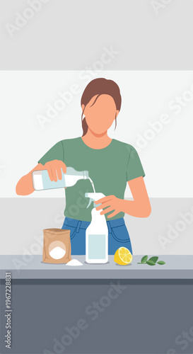 A person in a green shirt prepares homemade cleaning solution in the kitchen