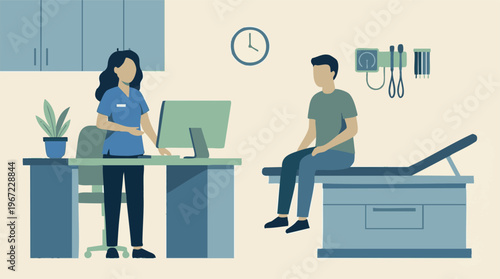 Medical consultation: healthcare worker and patient in clinic setting