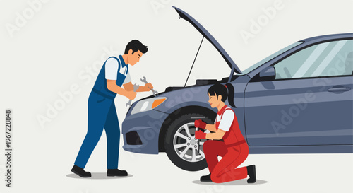 A man and a woman in uniforms working together on a car engine and the wheels