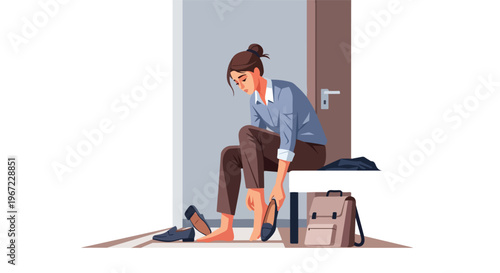 A tired woman sitting on a bench at home taking off her work shoes after a day
