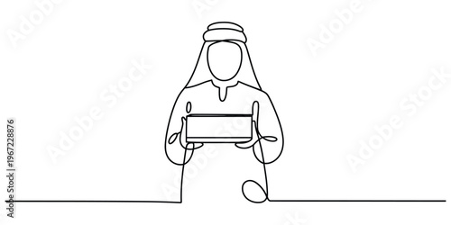 Continuous Line Drawing of Arab Man Holding a Tablet
